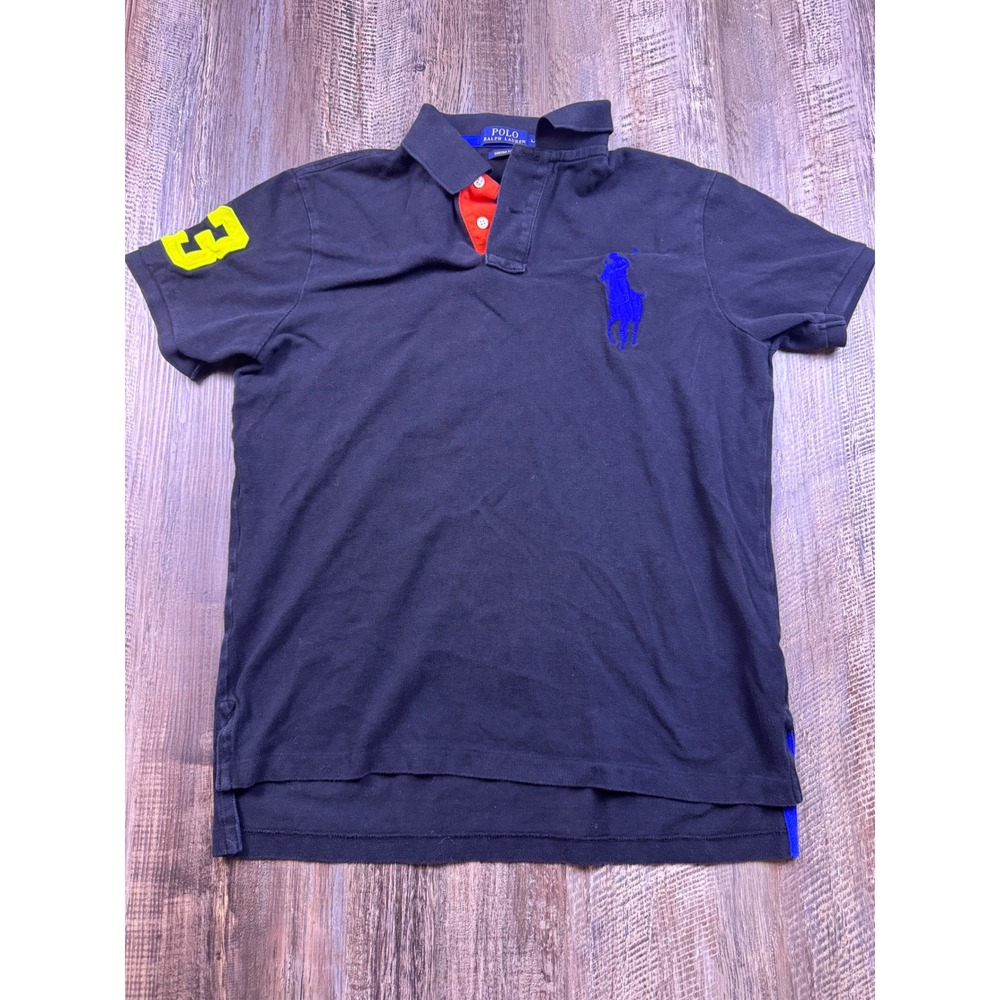 Polo Ralph Lauren Mens Big Pony Custom Fit Polo Shirt Black Blue neon Large
